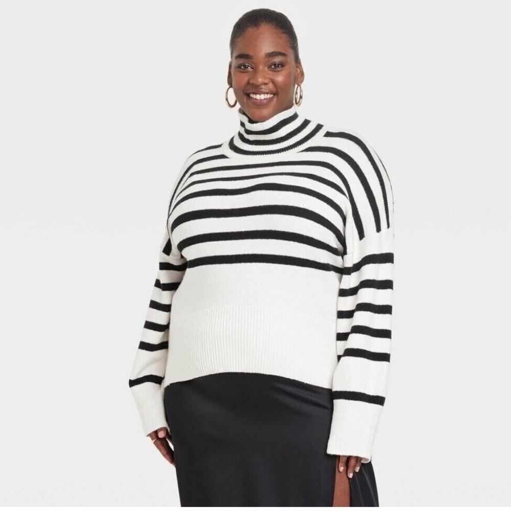 A New Day Turtleneck Black & White Cream Sweater Size XXL NWT